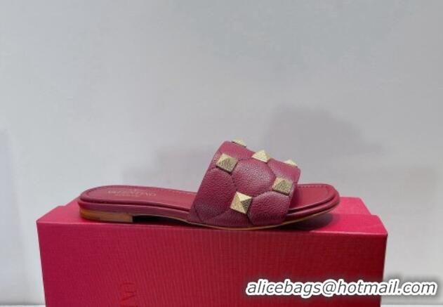 Pretty Style Valentino Roman Stud Grained Calfskin Flat Slide Sandals Burgundy 072230