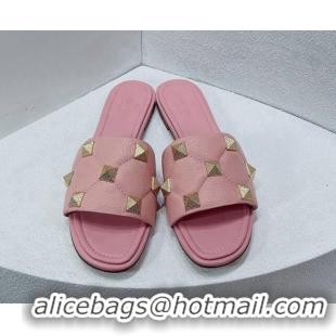 Best Grade Valentino Roman Stud Grained Calfskin Flat Slide Sandals Pink 072231