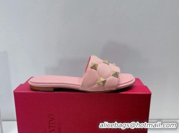 Best Grade Valentino Roman Stud Grained Calfskin Flat Slide Sandals Pink 072231