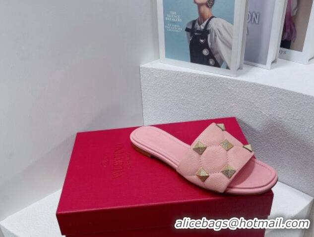 Best Grade Valentino Roman Stud Grained Calfskin Flat Slide Sandals Pink 072231