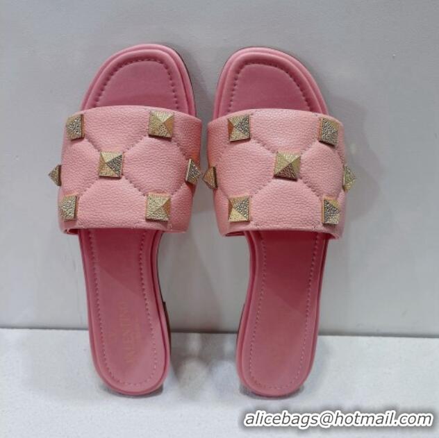 Best Grade Valentino Roman Stud Grained Calfskin Flat Slide Sandals Pink 072231