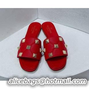 Top Grade Valentino Roman Stud Grained Calfskin Flat Slide Sandals Red 072232