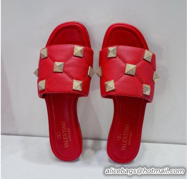 Top Grade Valentino Roman Stud Grained Calfskin Flat Slide Sandals Red 072232