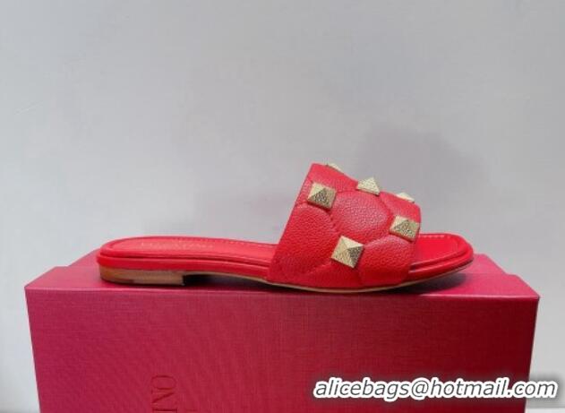 Top Grade Valentino Roman Stud Grained Calfskin Flat Slide Sandals Red 072232