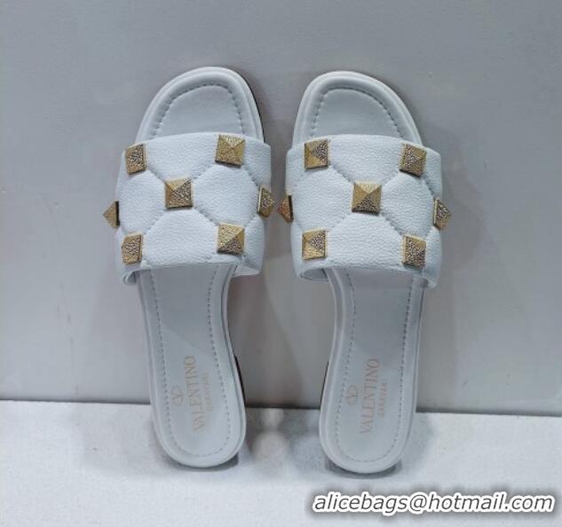 Durable Valentino Roman Stud Grained Calfskin Flat Slide Sandals White 2072233