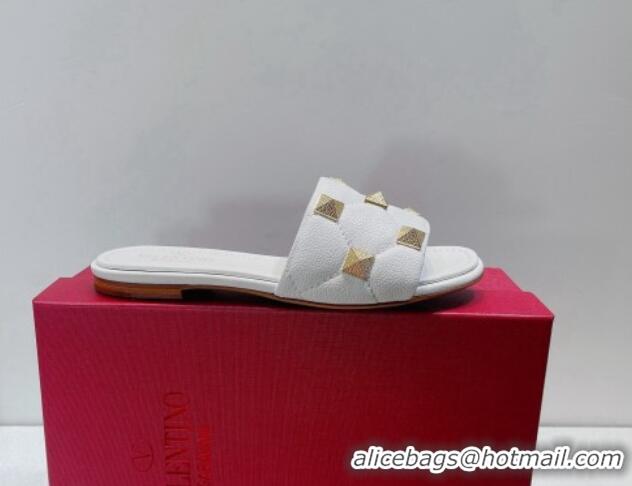 Durable Valentino Roman Stud Grained Calfskin Flat Slide Sandals White 2072233