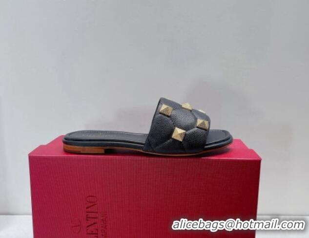 Duplicate Valentino Roman Stud Grained Calfskin Flat Slide Sandals Black 072234