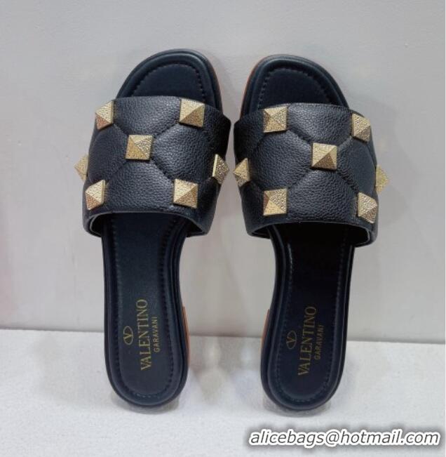 Duplicate Valentino Roman Stud Grained Calfskin Flat Slide Sandals Black 072234