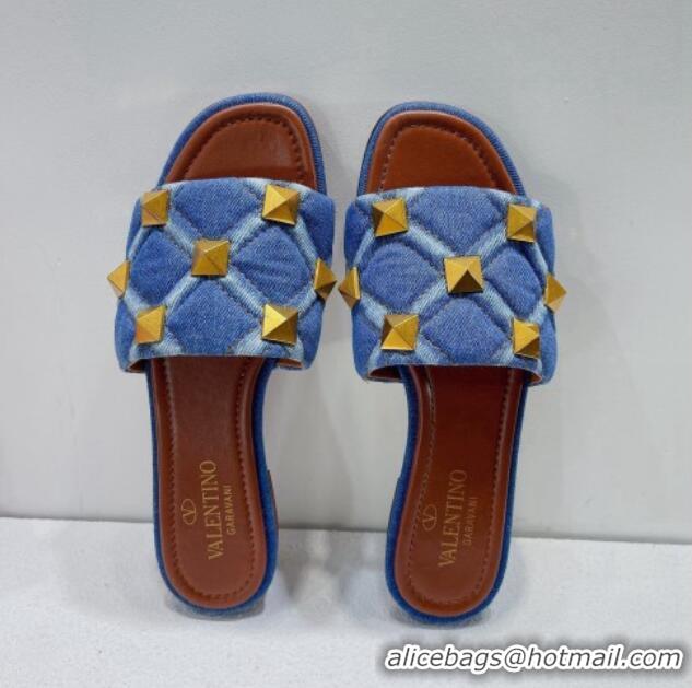 Grade Quality Valentino Roman Stud Denim Flat Slide Sandals Blue 072235