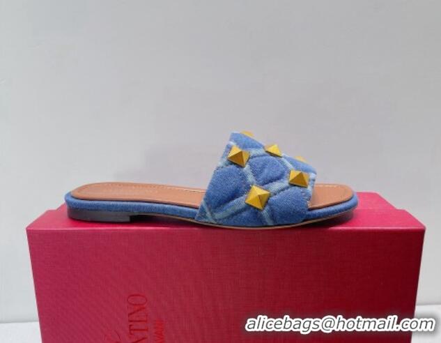 Grade Quality Valentino Roman Stud Denim Flat Slide Sandals Blue 072235