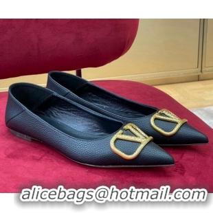 Most Popular Valentino VLogo Grained Leather Ballerinas Flat Black 072236