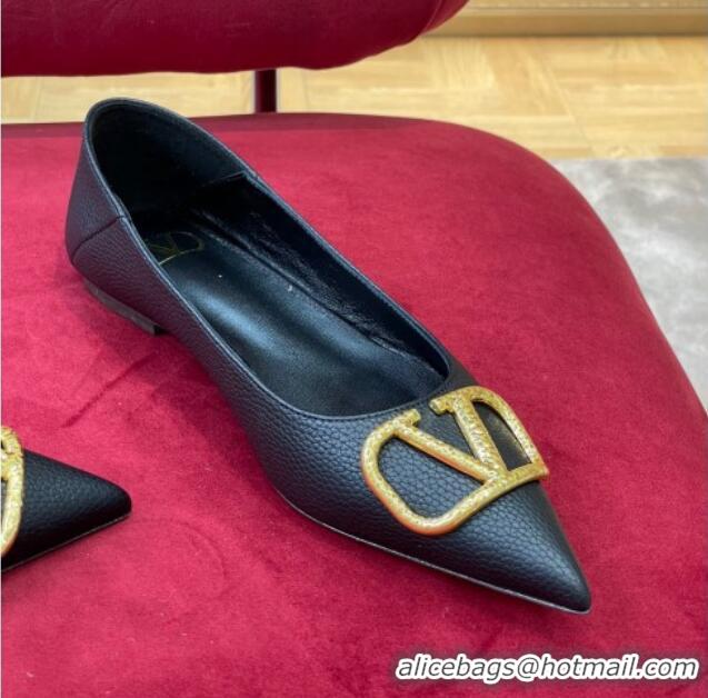 Most Popular Valentino VLogo Grained Leather Ballerinas Flat Black 072236