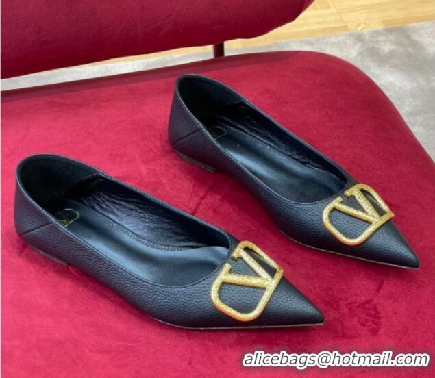 Most Popular Valentino VLogo Grained Leather Ballerinas Flat Black 072236