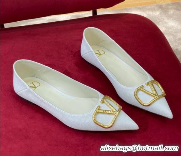 Classic Hot Valentino VLogo Grained Leather Ballerinas Flat White 072237