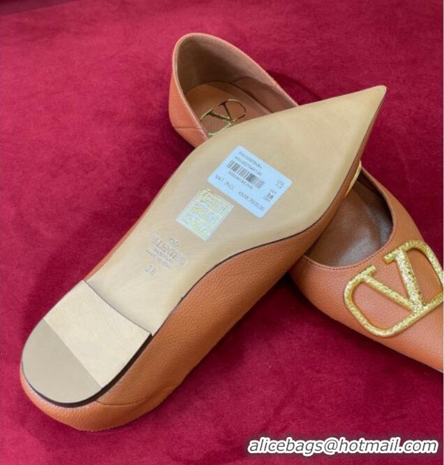 Good Looking Valentino VLogo Grained Leather Ballerinas Flat Brown 072239