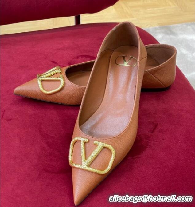 Good Looking Valentino VLogo Grained Leather Ballerinas Flat Brown 072239