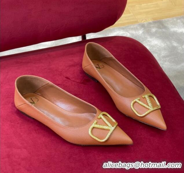 Good Looking Valentino VLogo Grained Leather Ballerinas Flat Brown 072239