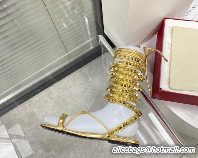 Best Product Valentino Rockstud Leather Flat Sandals with Laces Gold 072813