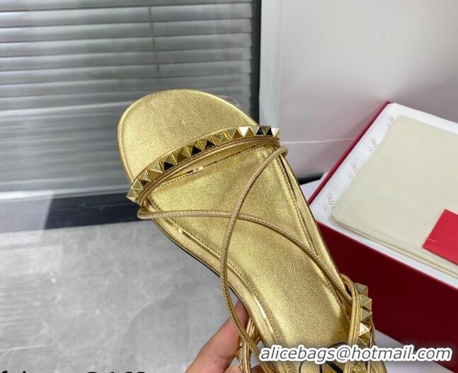 Best Product Valentino Rockstud Leather Flat Sandals with Laces Gold 072813