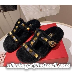 1:1 aaaaa Valentino Shearling Flat Strap Sandals Black 081346