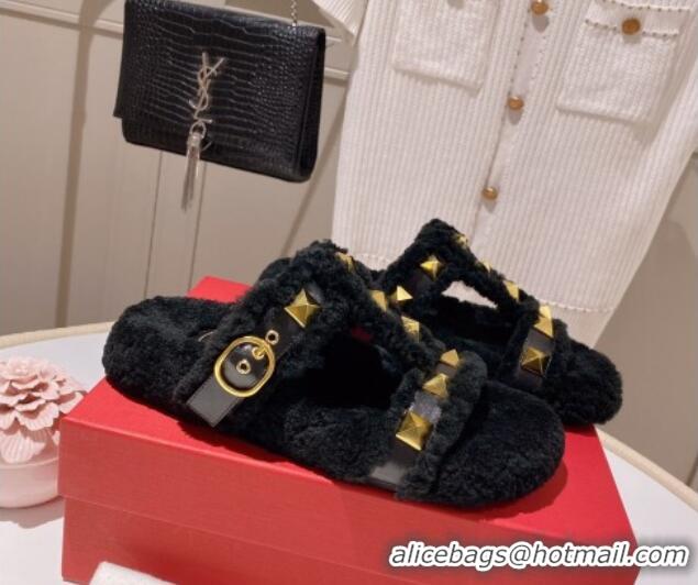 1:1 aaaaa Valentino Shearling Flat Strap Sandals Black 081346