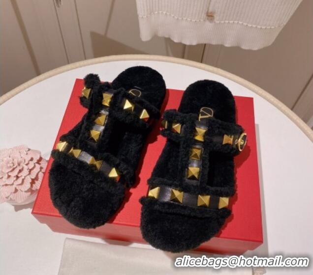 1:1 aaaaa Valentino Shearling Flat Strap Sandals Black 081346