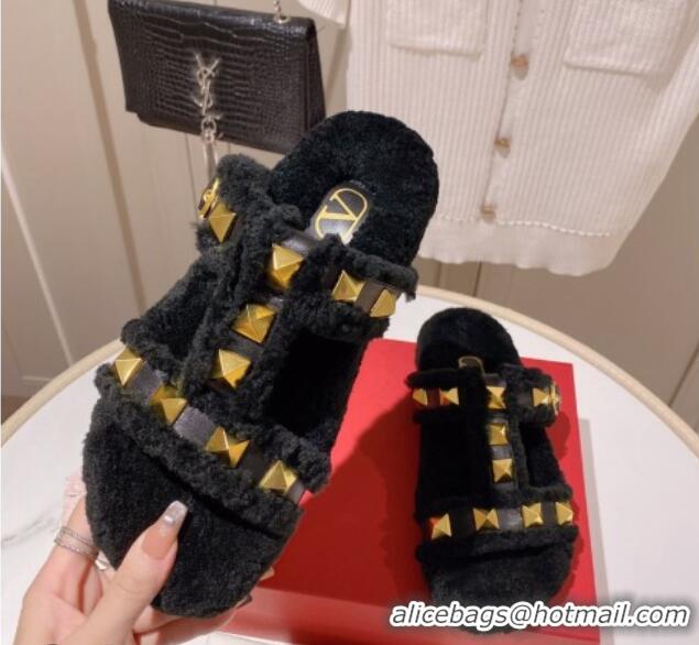 1:1 aaaaa Valentino Shearling Flat Strap Sandals Black 081346