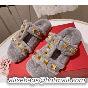 Stylish Valentino Shearling Flat Strap Sandals Grey 081347