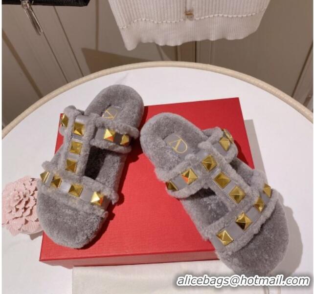 Stylish Valentino Shearling Flat Strap Sandals Grey 081347