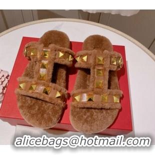 Classic Valentino Shearling Flat Strap Sandals Brown 081348