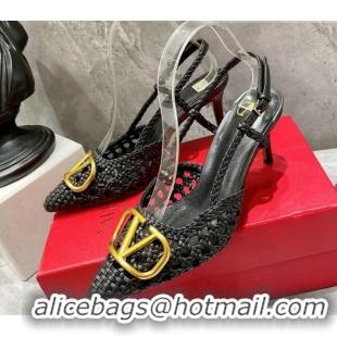 Purchase Valentino VLogo Signature Slingback Pump in Woven Leather 8cm Heel Black 0823011