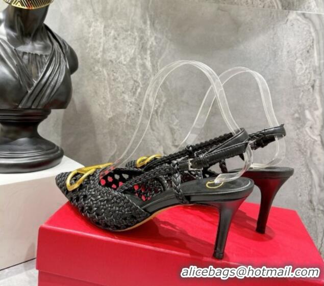 Purchase Valentino VLogo Signature Slingback Pump in Woven Leather 8cm Heel Black 0823011