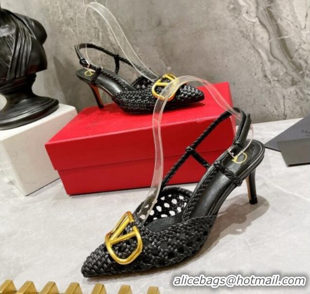 Purchase Valentino VLogo Signature Slingback Pump in Woven Leather 8cm Heel Black 0823011