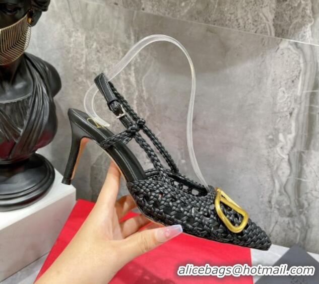 Purchase Valentino VLogo Signature Slingback Pump in Woven Leather 8cm Heel Black 0823011