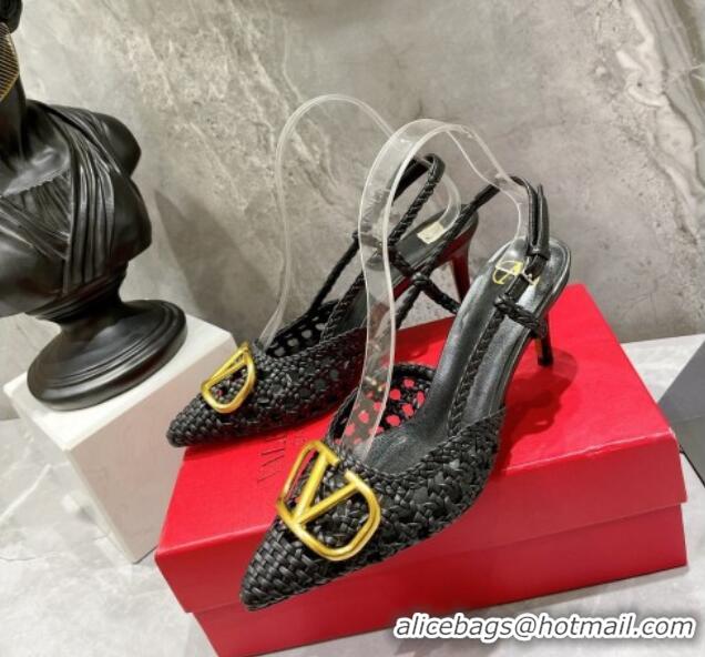 Purchase Valentino VLogo Signature Slingback Pump in Woven Leather 8cm Heel Black 0823011