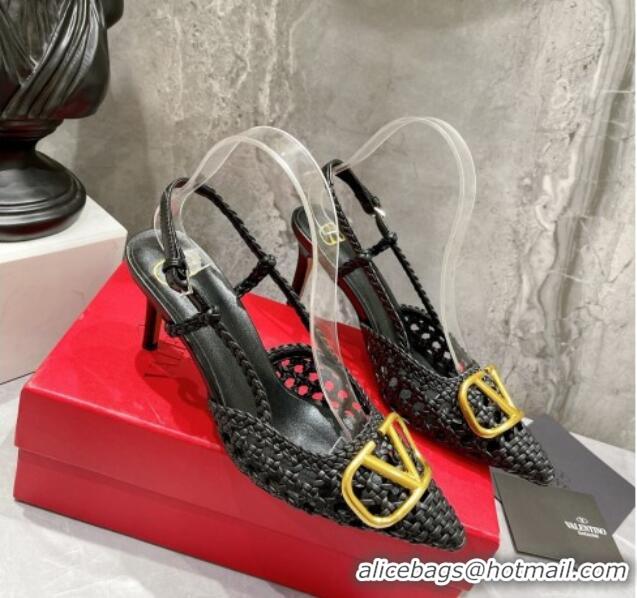 Purchase Valentino VLogo Signature Slingback Pump in Woven Leather 8cm Heel Black 0823011