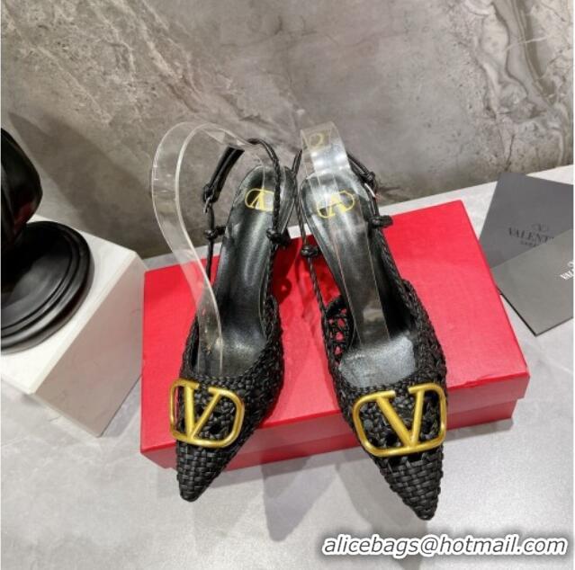 Purchase Valentino VLogo Signature Slingback Pump in Woven Leather 8cm Heel Black 0823011