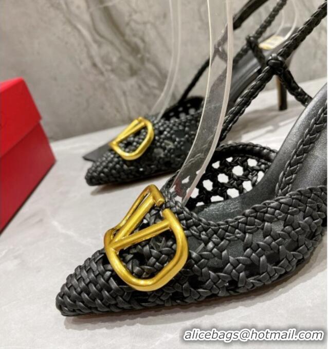 Purchase Valentino VLogo Signature Slingback Pump in Woven Leather 8cm Heel Black 0823011