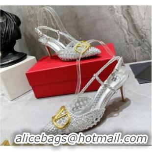 Good Quality Valentino VLogo Signature Slingback Pump in Woven Leather 8cm Heel Silver 0823012