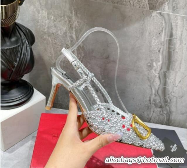 Good Quality Valentino VLogo Signature Slingback Pump in Woven Leather 8cm Heel Silver 0823012