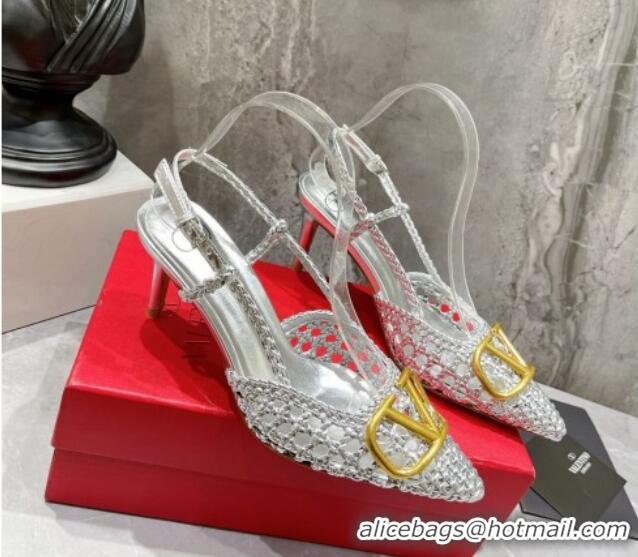 Good Quality Valentino VLogo Signature Slingback Pump in Woven Leather 8cm Heel Silver 0823012