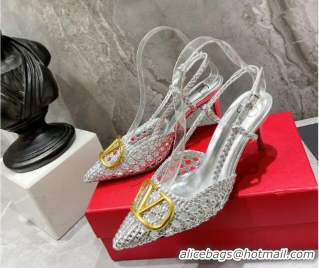 Good Quality Valentino VLogo Signature Slingback Pump in Woven Leather 8cm Heel Silver 0823012