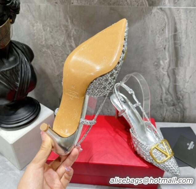 Good Quality Valentino VLogo Signature Slingback Pump in Woven Leather 8cm Heel Silver 0823012