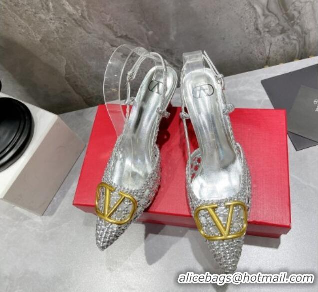 Good Quality Valentino VLogo Signature Slingback Pump in Woven Leather 8cm Heel Silver 0823012