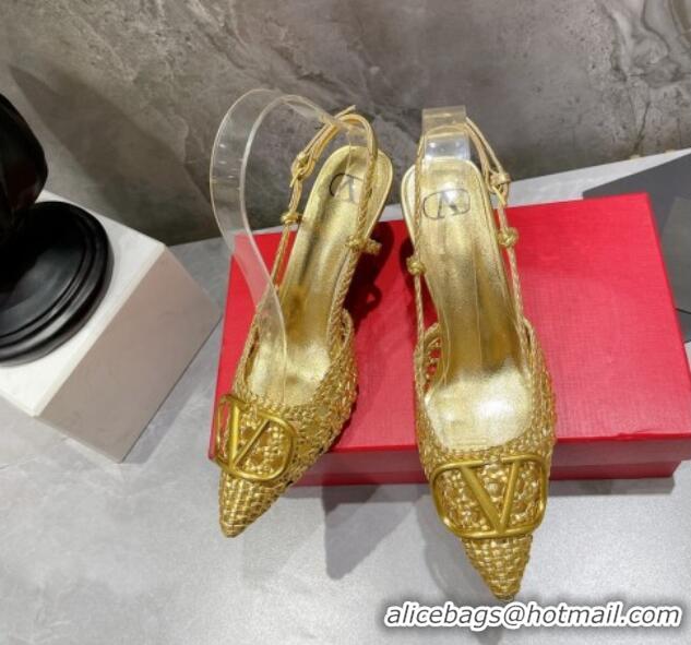 Classic Hot Valentino VLogo Signature Slingback Pump in Woven Leather 8cm Heel Gold 0823013