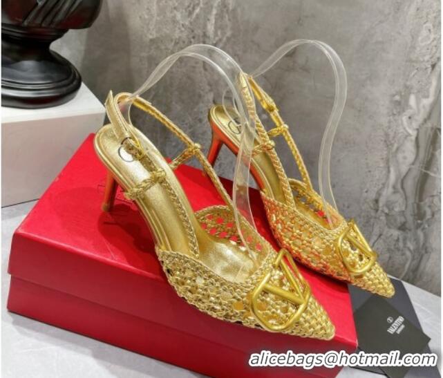 Classic Hot Valentino VLogo Signature Slingback Pump in Woven Leather 8cm Heel Gold 0823013