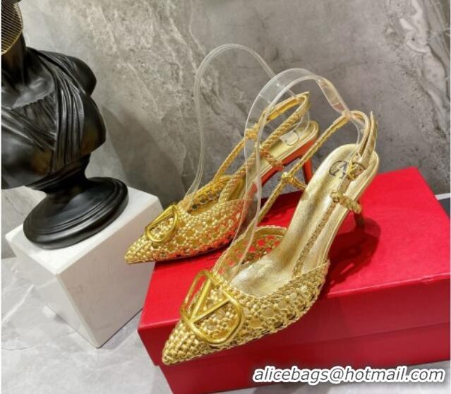 Classic Hot Valentino VLogo Signature Slingback Pump in Woven Leather 8cm Heel Gold 0823013