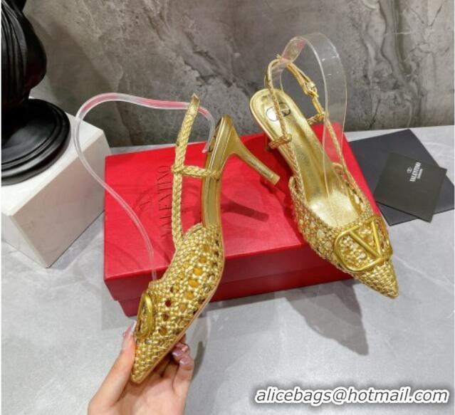 Classic Hot Valentino VLogo Signature Slingback Pump in Woven Leather 8cm Heel Gold 0823013