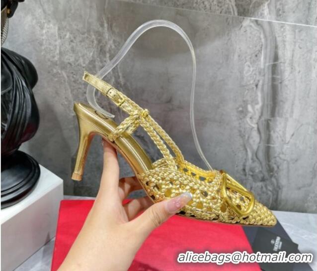 Classic Hot Valentino VLogo Signature Slingback Pump in Woven Leather 8cm Heel Gold 0823013