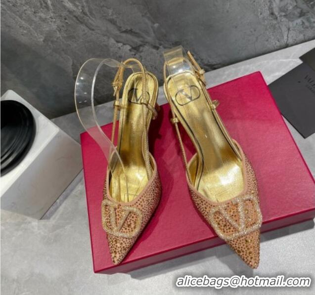 Best Grade Valentino VLogo Signature Slingback Pump with Crystal 8cm Heel Gold 0823017